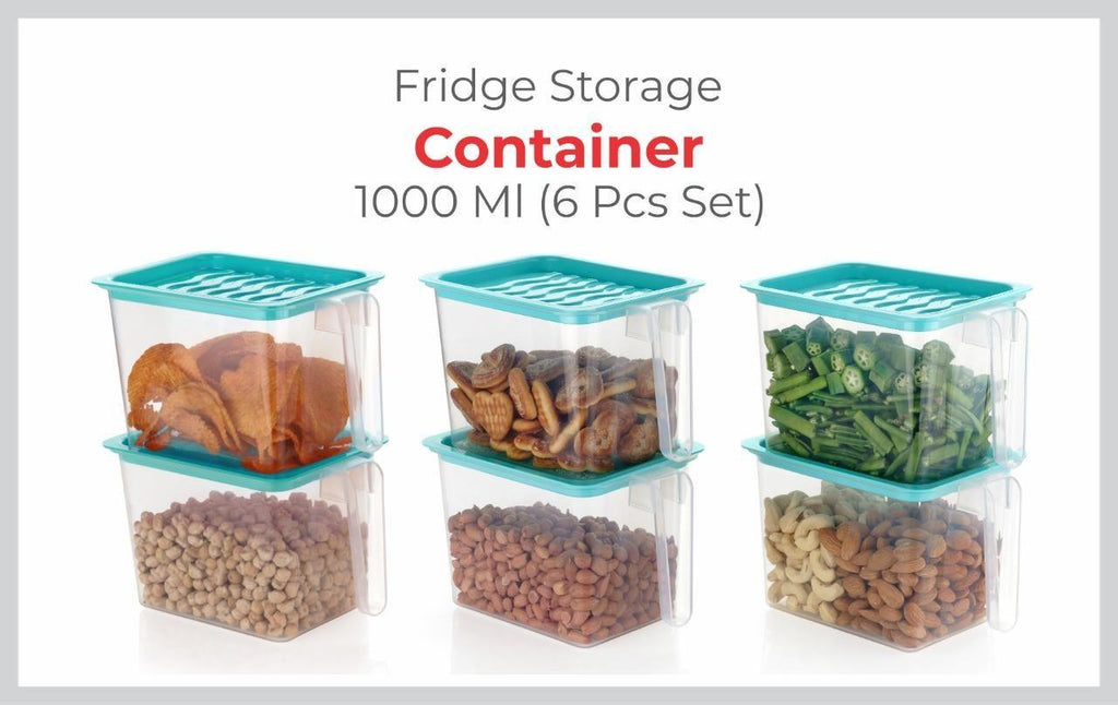 Fridge storage containers- jar Set Plastic Refrigerator Box with Handles and Airtight Lid Unbreakable kitchen storage Fruits Basket - 1000 ml (Pack of 6, Pink)