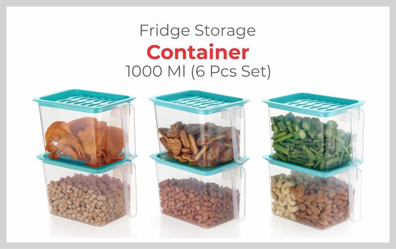 Fridge storage containers- jar Set Plastic Refrigerator Box with Handles and Airtight Lid Unbreakable kitchen storage Fruits Basket - 1000 ml (Pack of 6, Pink)