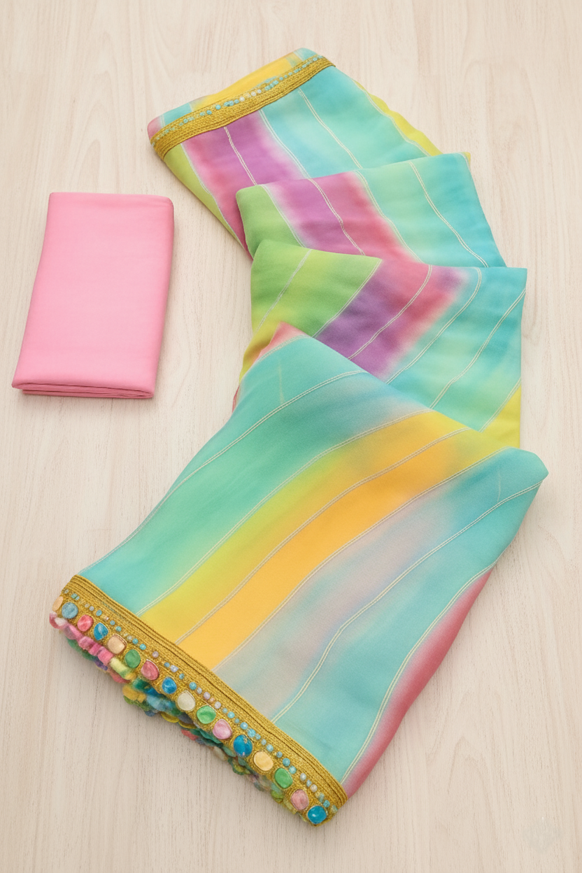 Glow in Grace – Rainbow Tassel Party Wear Georgette Saree