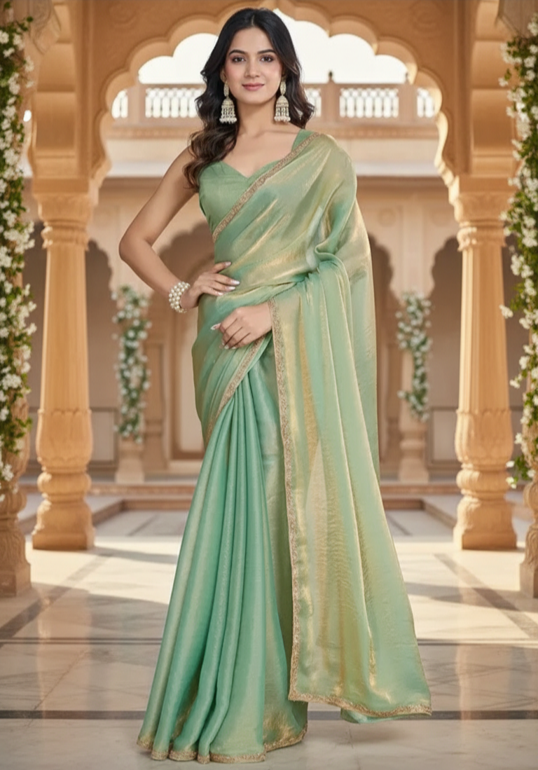 Women’s Elegant Two-Tone Chiffon Saree with unstitched Blouse Piece – Available in Purple, Green & Golden.