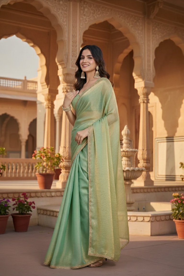 Women’s Elegant Two-Tone Chiffon Saree with unstitched Blouse Piece – Available in Purple, Green & Golden.
