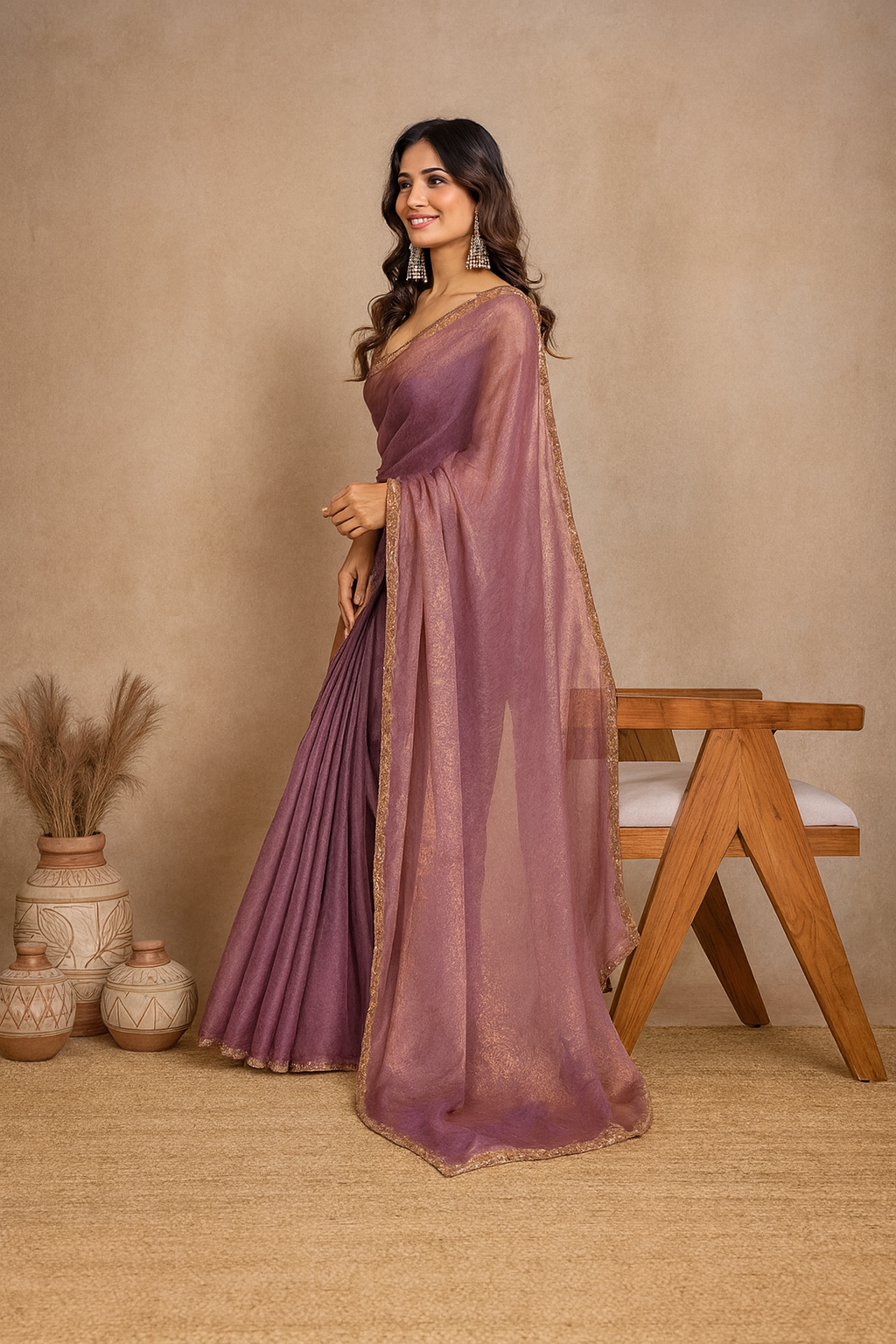 Women’s Elegant Two-Tone Chiffon Saree with unstitched Blouse Piece – Available in Purple, Green & Golden.