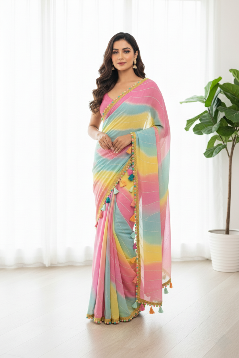 Glow in Grace – Rainbow Tassel Party Wear Georgette Saree