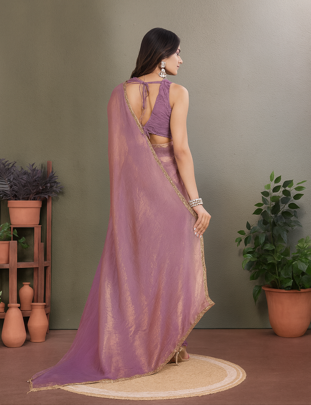 Women’s Elegant Two-Tone Chiffon Saree with unstitched Blouse Piece – Available in Purple, Green & Golden.