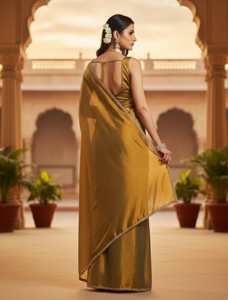Women’s Elegant Two-Tone Chiffon Saree with unstitched Blouse Piece – Available in Purple, Green & Golden.