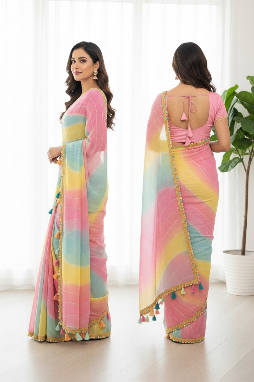 Glow in Grace – Rainbow Tassel Party Wear Georgette Saree