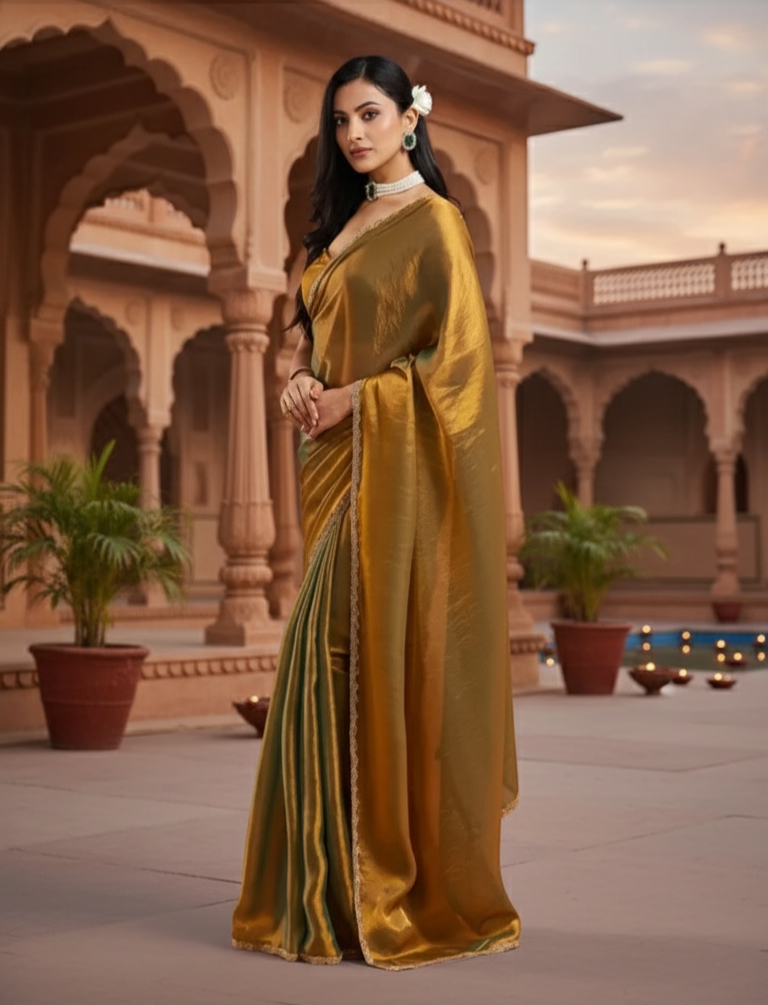 Women’s Elegant Two-Tone Chiffon Saree with unstitched Blouse Piece – Available in Purple, Green & Golden.