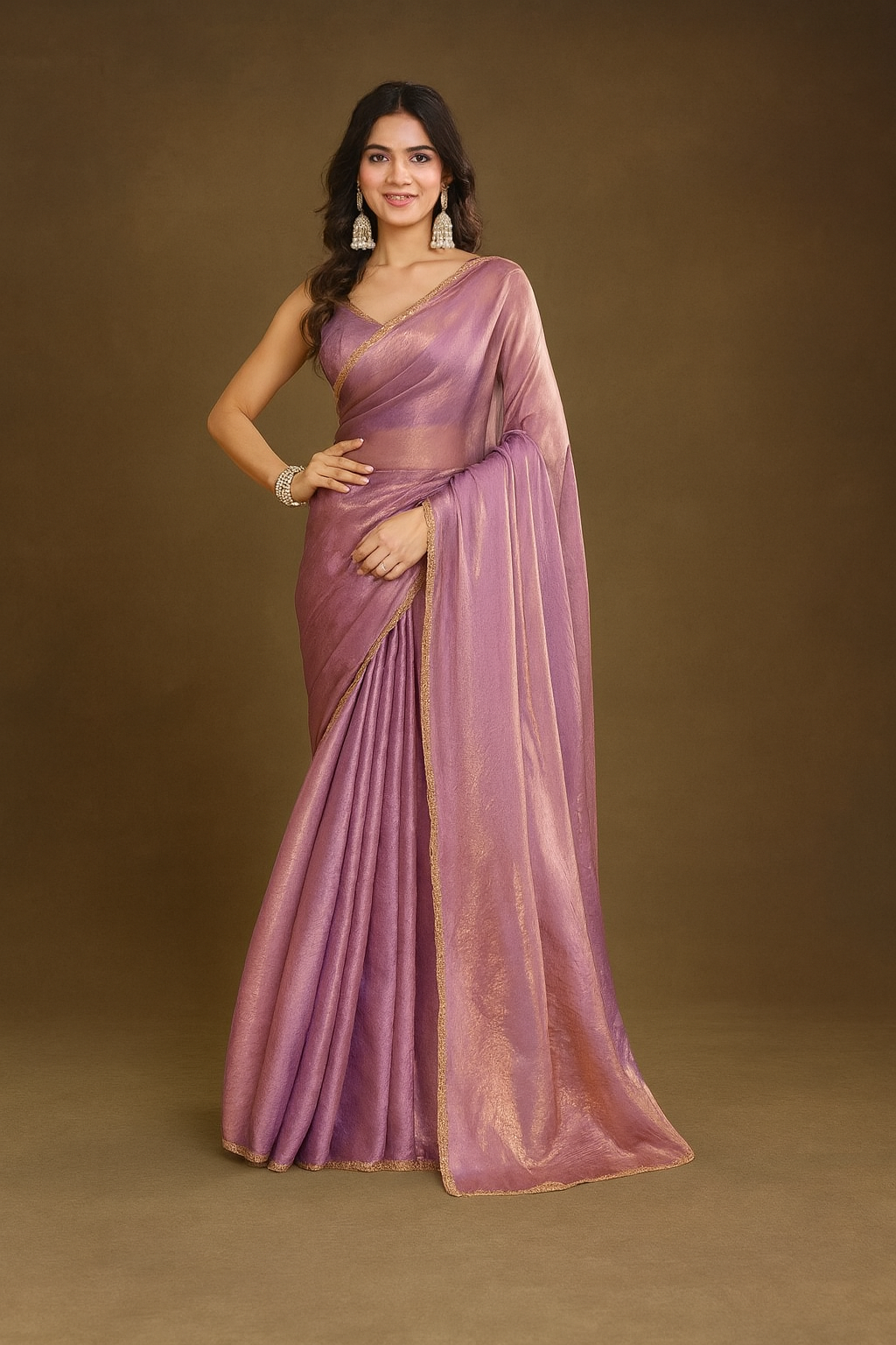 Women’s Elegant Two-Tone Chiffon Saree with unstitched Blouse Piece – Available in Purple, Green & Golden.